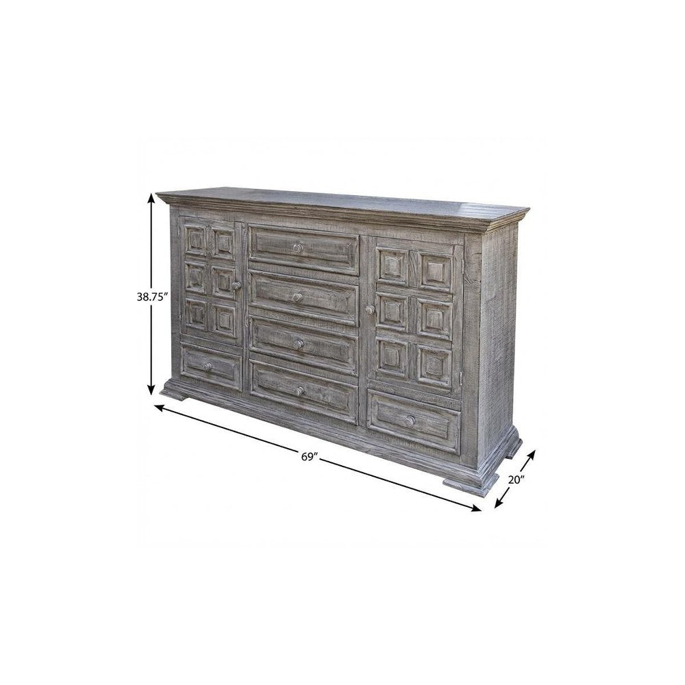 39" Gray Carved Geometric Solid Wood Two Door Six Drawer Combo Dresser