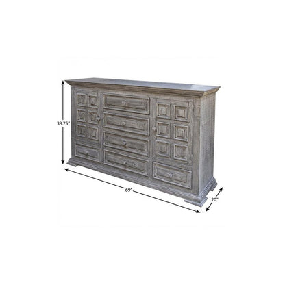 39" Gray Carved Geometric Solid Wood Two Door Six Drawer Combo Dresser