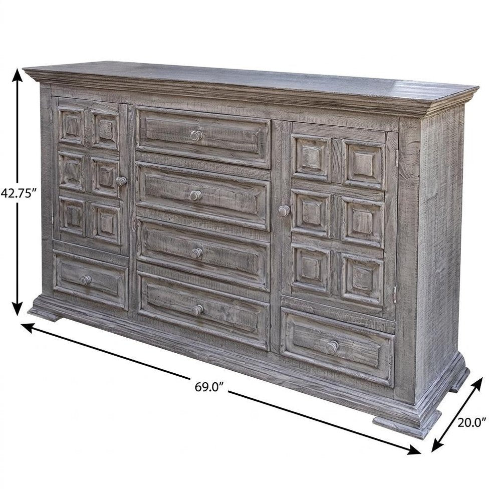 43" Gray Raised Panel Solid Wood Two Door Six Drawer Combo Dresser