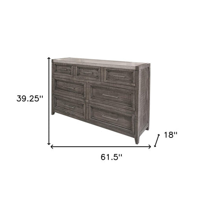 62" Gray Marble And Solid Wood Seven Drawer Double Dresser