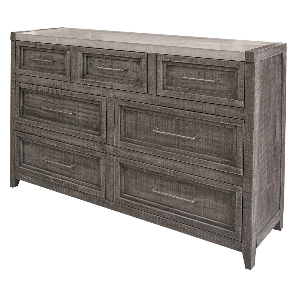 62" Gray Marble And Solid Wood Seven Drawer Double Dresser