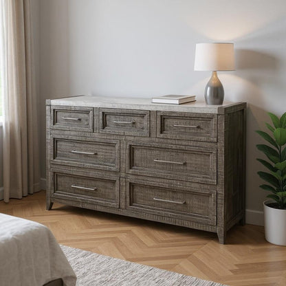 62" Gray Marble And Solid Wood Seven Drawer Double Dresser