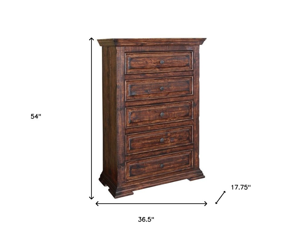 37" Chocolate Solid Wood Five Drawer Dresser