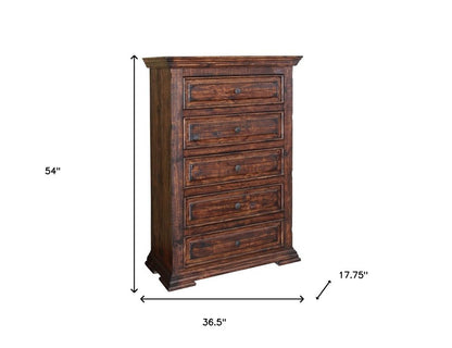 37" Chocolate Solid Wood Five Drawer Dresser