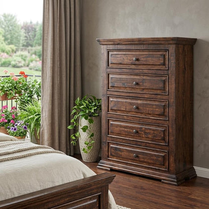 37" Chocolate Raised Panel Solid Wood Five Drawer Dresser