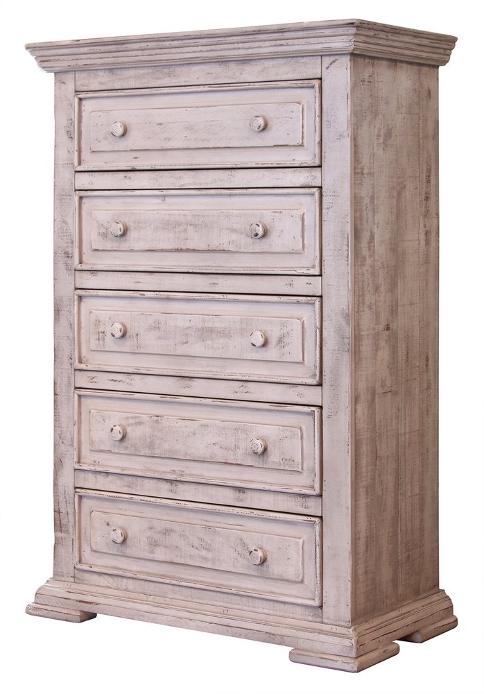 37" White Raised Panel Solid Wood Five Drawer Dresser