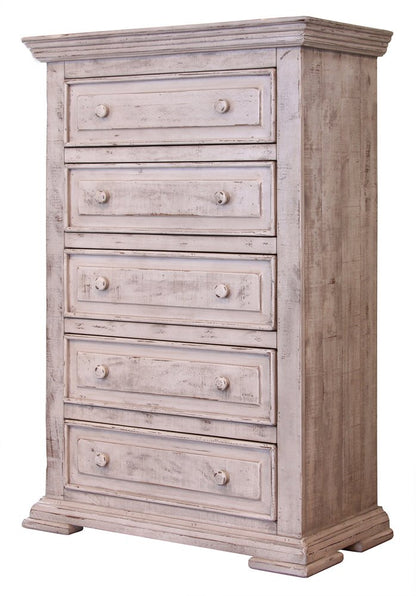 37" White Raised Panel Solid Wood Five Drawer Dresser
