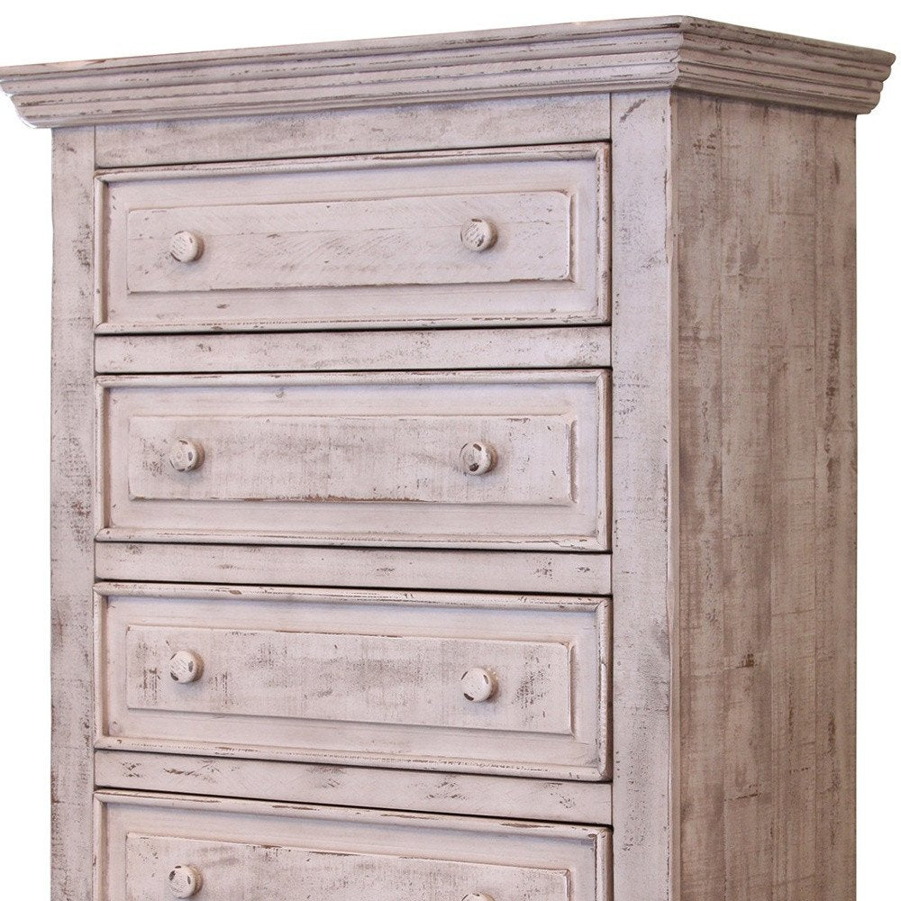 37" White Raised Panel Solid Wood Five Drawer Dresser