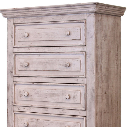 37" White Raised Panel Solid Wood Five Drawer Dresser