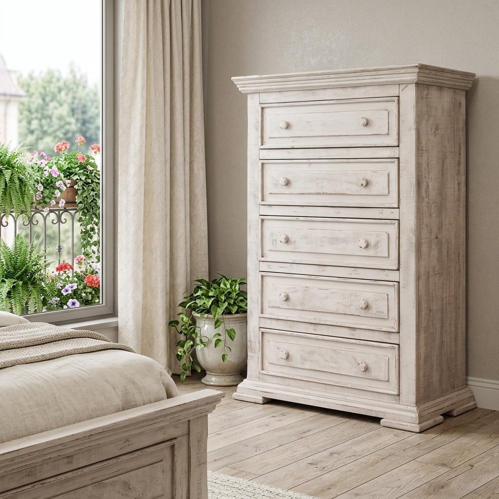 37" White Raised Panel Solid Wood Five Drawer Dresser
