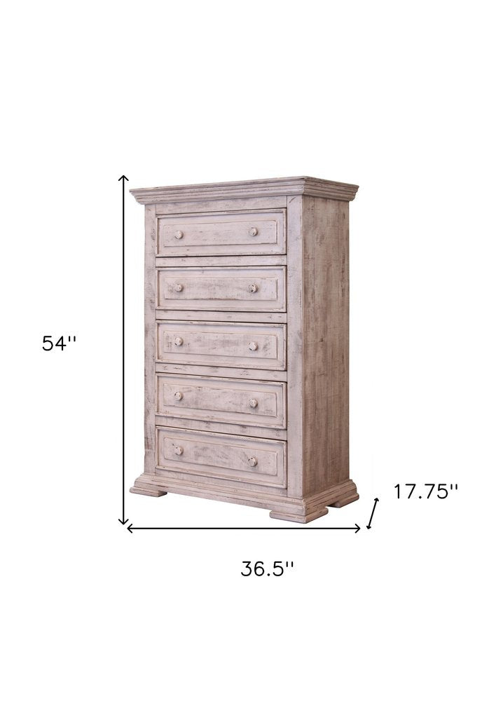 37" White Raised Panel Solid Wood Five Drawer Dresser