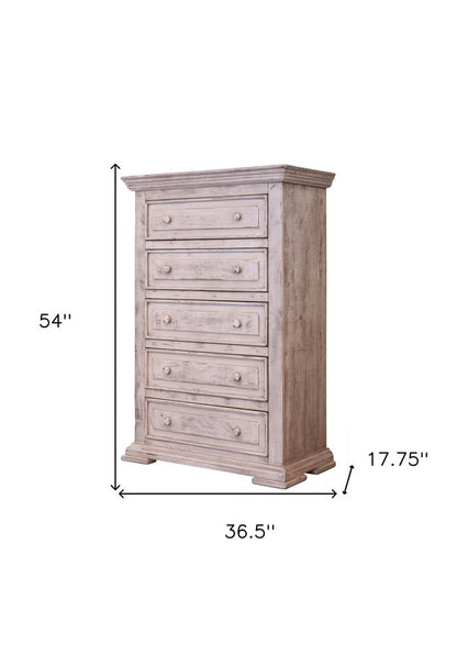 37" White Raised Panel Solid Wood Five Drawer Dresser