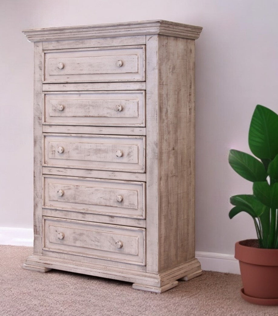 37" White Solid Wood Five Drawer Chest