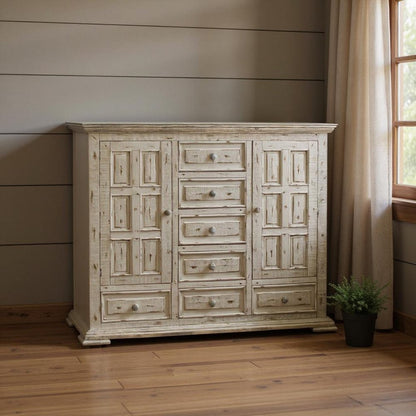 64" White Carved Geometric Solid Wood Seven Drawer Gentlemens Chest
