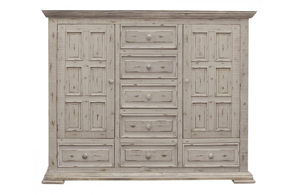 64" White Carved Geometric Solid Wood Seven Drawer Gentlemens Chest