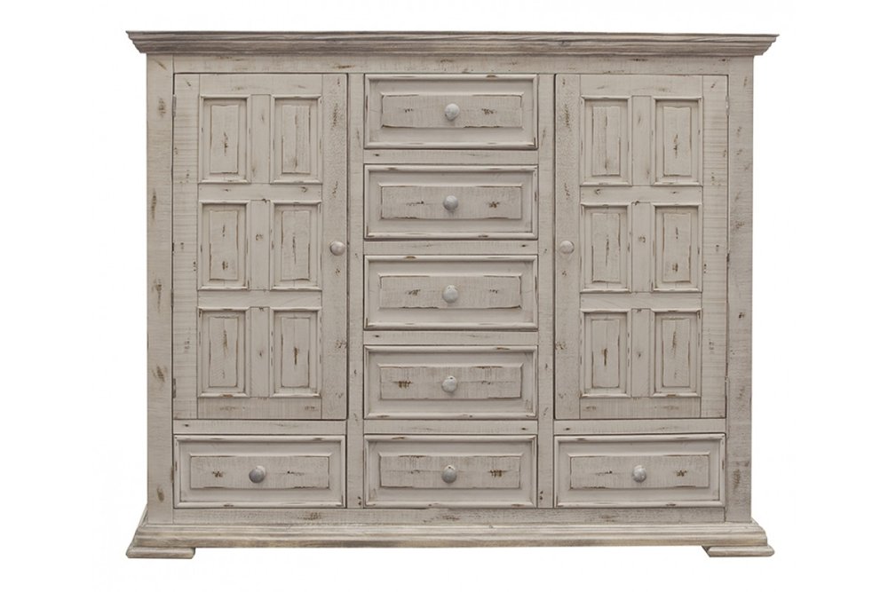 55" White Raised Panel Solid Wood Two Door Seven Drawer Combo Dresser