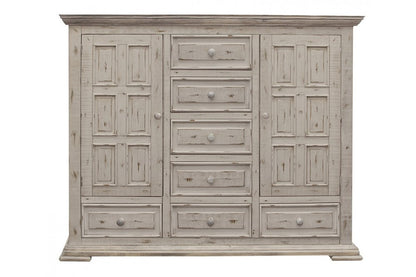 55" White Raised Panel Solid Wood Two Door Seven Drawer Combo Dresser