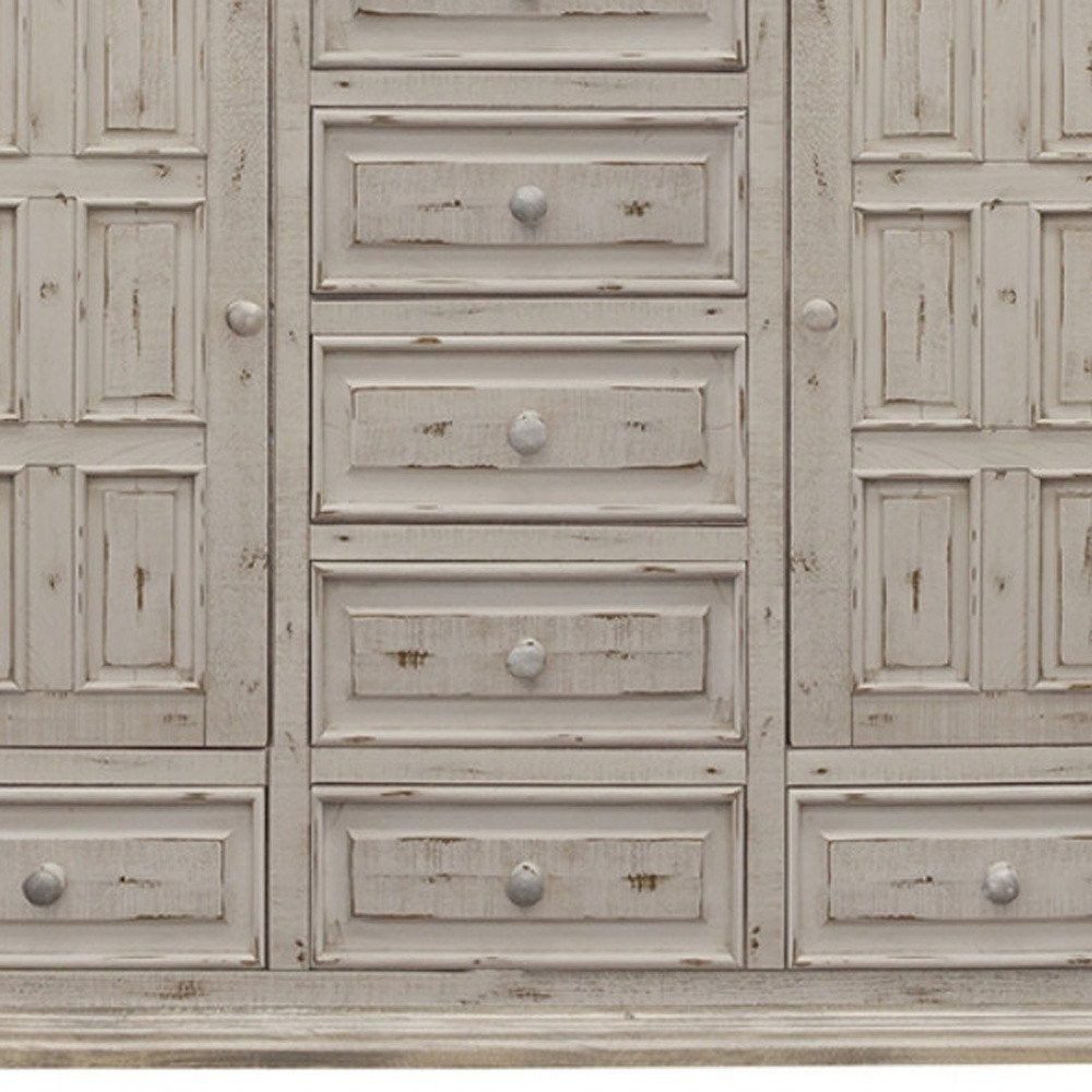 64" White Carved Geometric Solid Wood Seven Drawer Gentlemens Chest