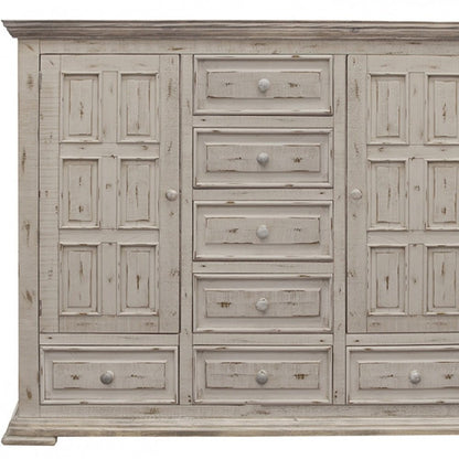 64" White Carved Geometric Solid Wood Seven Drawer Gentlemens Chest