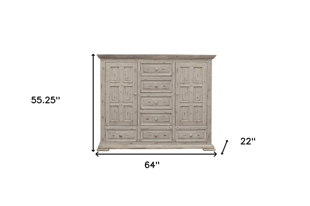 64" White Carved Geometric Solid Wood Seven Drawer Gentlemens Chest