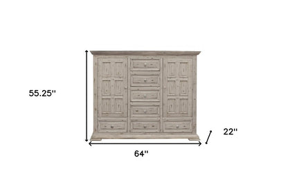 64" White Carved Geometric Solid Wood Seven Drawer Gentlemens Chest