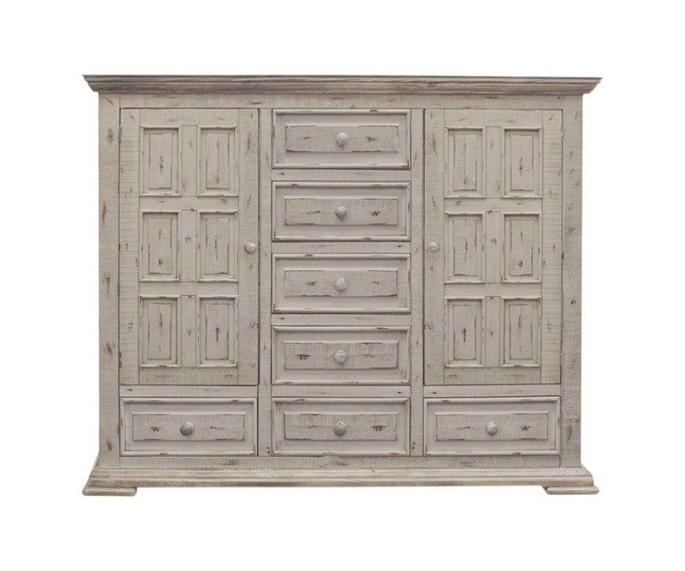 55" White Raised Panel Solid Wood Two Door Seven Drawer Combo Dresser