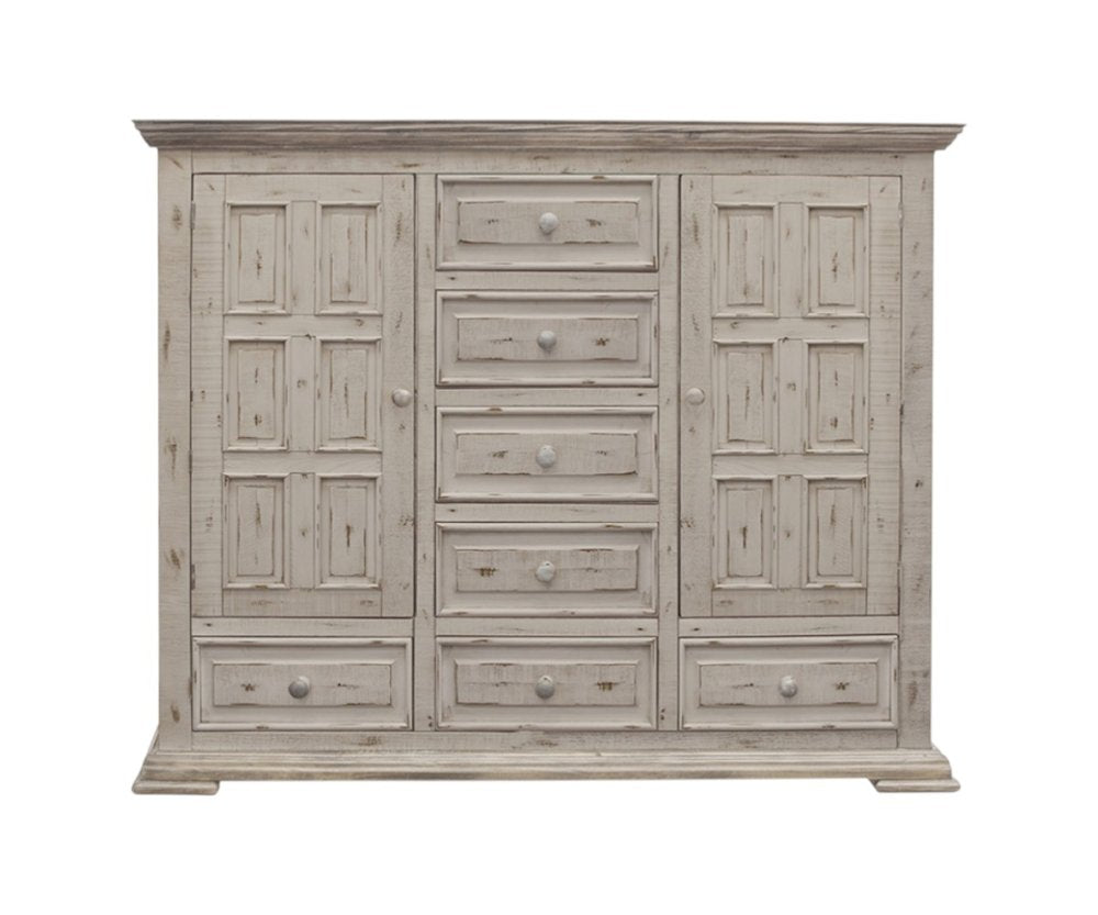64" White Carved Geometric Solid Wood Seven Drawer Gentlemens Chest