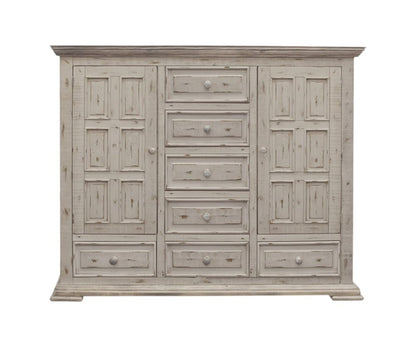 64" White Carved Geometric Solid Wood Seven Drawer Gentlemens Chest
