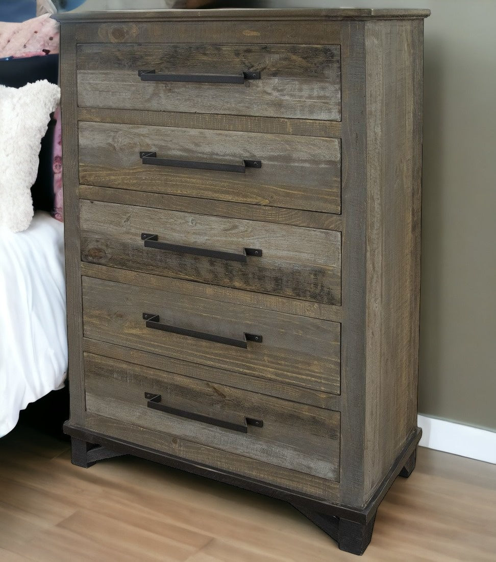 37" Gray Solid Wood Five Drawer Chest