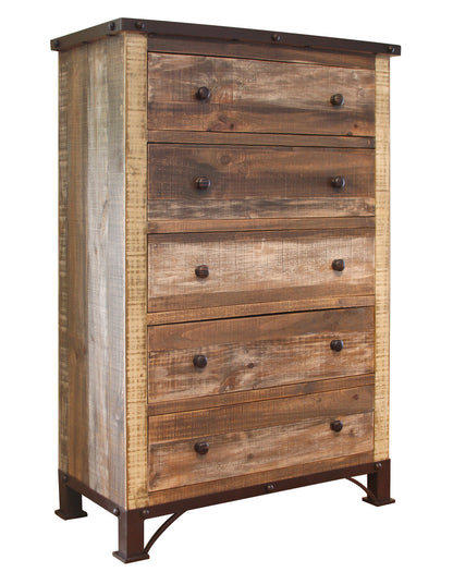 36" Brown Solid Wood Five Drawer Chest