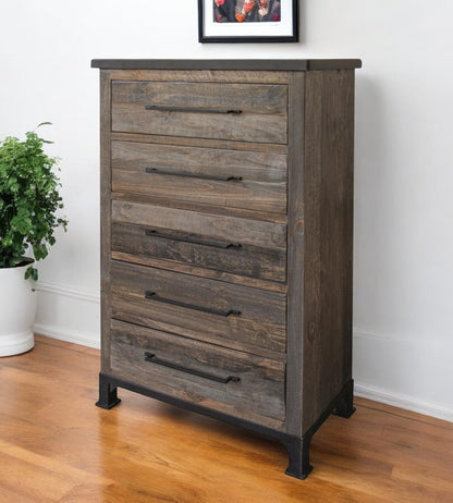 36" Gray Solid Wood Five Drawer Dresser