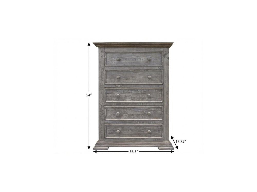37" Gray Solid Wood Five Drawer Dresser