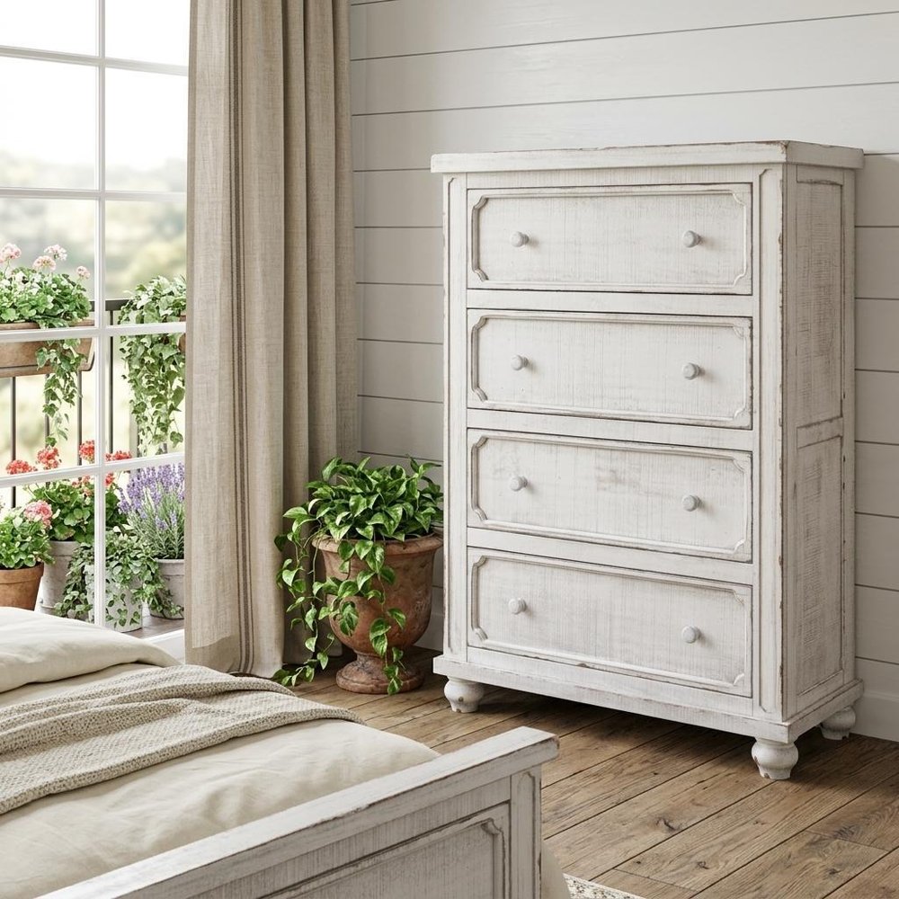 37" Antiqued White Solid Wood Four Drawer Dresser
