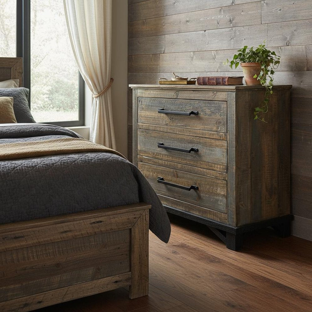 37" Brown And Gray Solid Wood Three Drawer Dresser