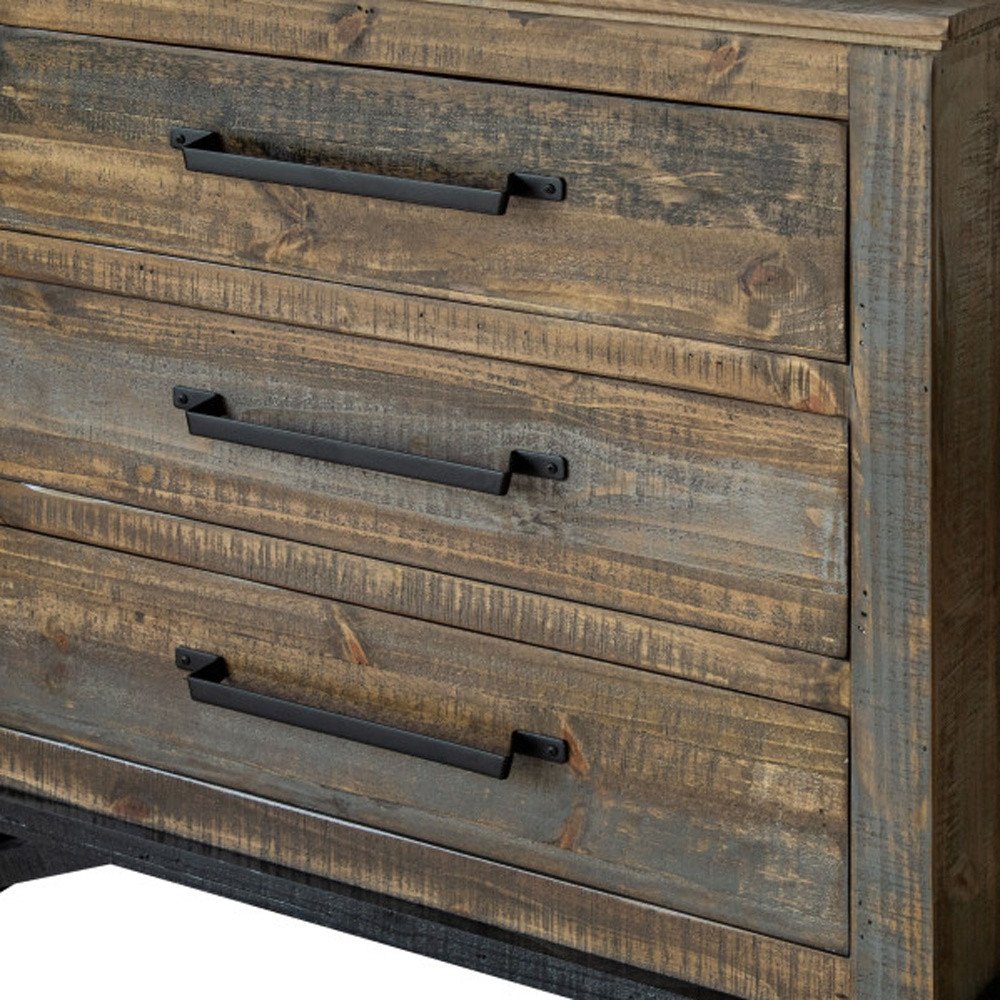 37" Brown And Gray Solid Wood Three Drawer Dresser