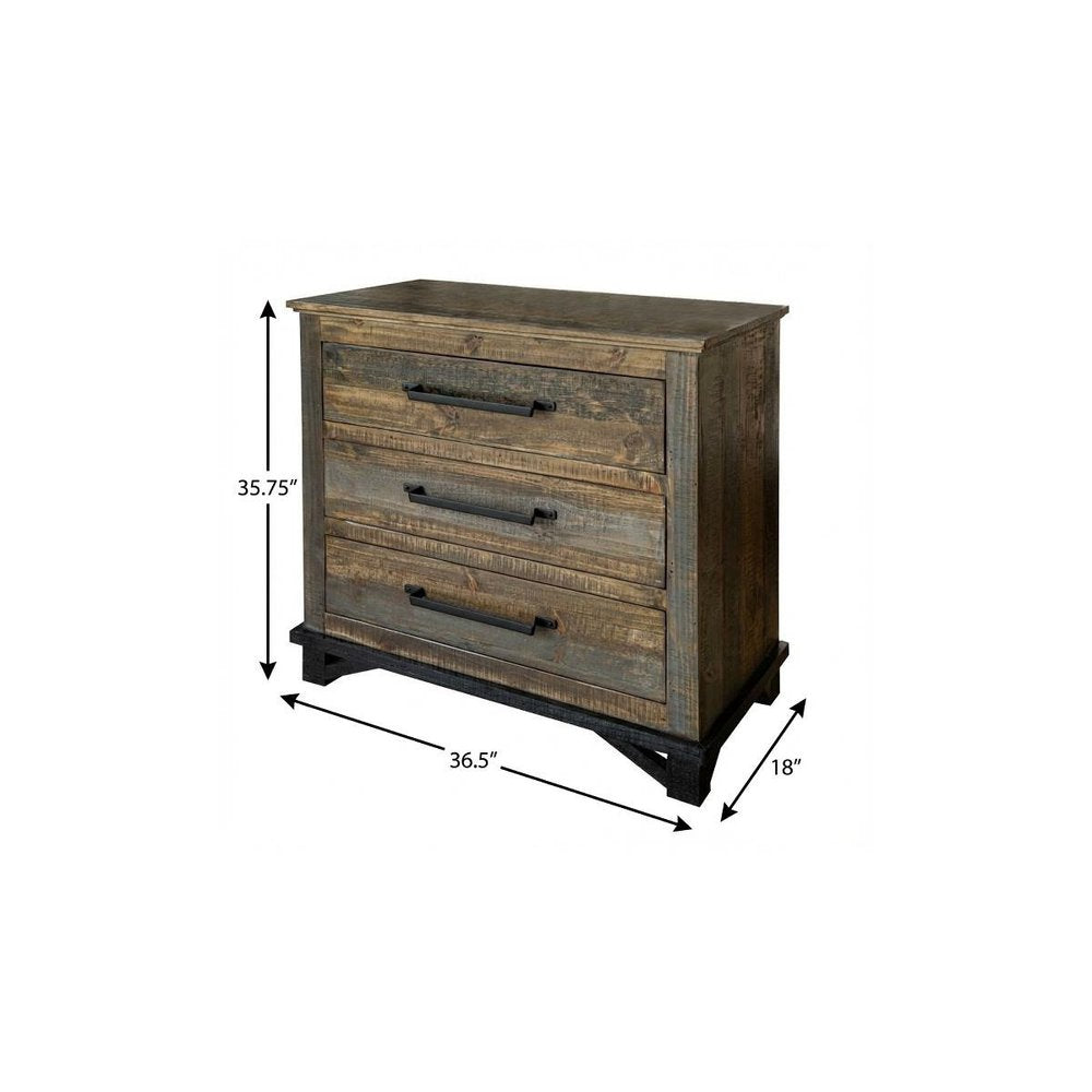 37" Brown And Gray Solid Wood Three Drawer Dresser
