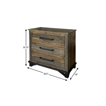 37" Brown And Gray Solid Wood Three Drawer Dresser
