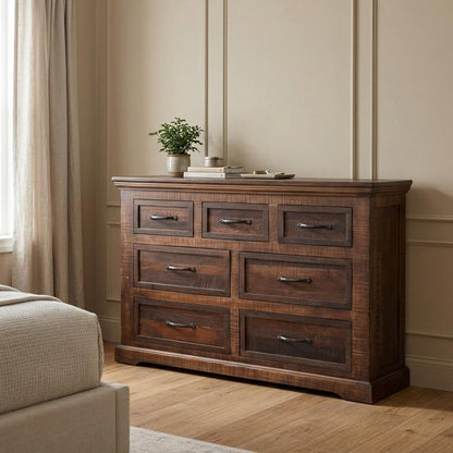 61" Brown Solid Wood Seven Drawer Double Dresser