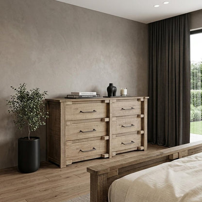 67" Natural Solid Wood Six Drawer Double Dresser