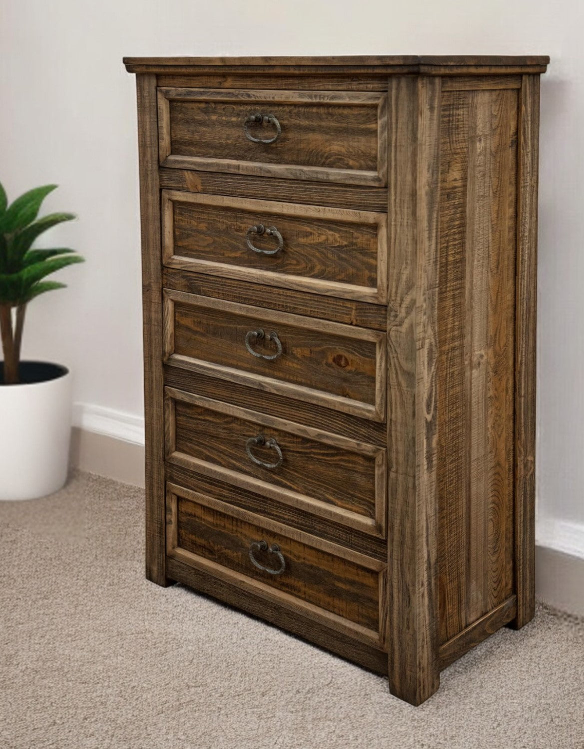 32" Brown Solid Wood Five Drawer Chest