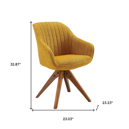 23" Yellow And Natural Fabric And Wood Swivel Arm Chair