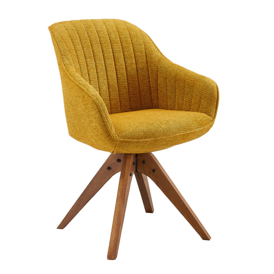 23" Yellow And Natural Fabric And Wood Swivel Arm Chair