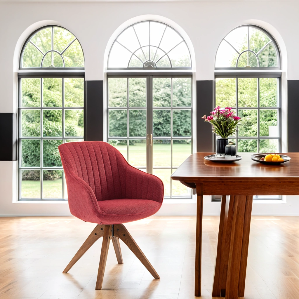 23" Red And Natural Tufted Fabric Swivel Arm Chair