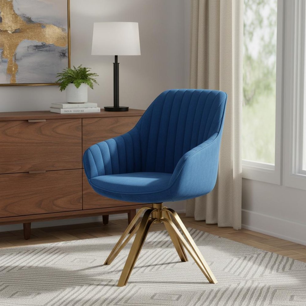 23" Blue And Gold Velvet Swivel Arm Chair