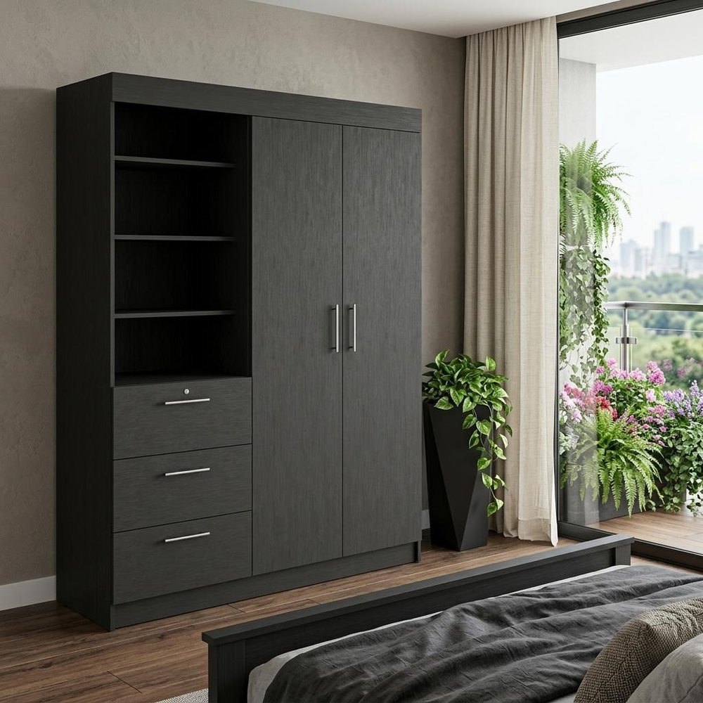 59" Black Wood Three Drawer Dresser