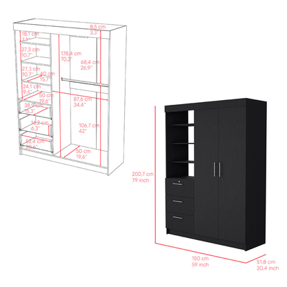 59" Black Three Drawer Dresser