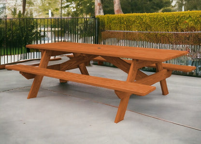 94" Brown Solid Wood Outdoor Picnic Table with Umbrella Hole
