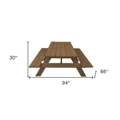 94" Brown Solid Wood Outdoor Picnic Table with Umbrella Hole