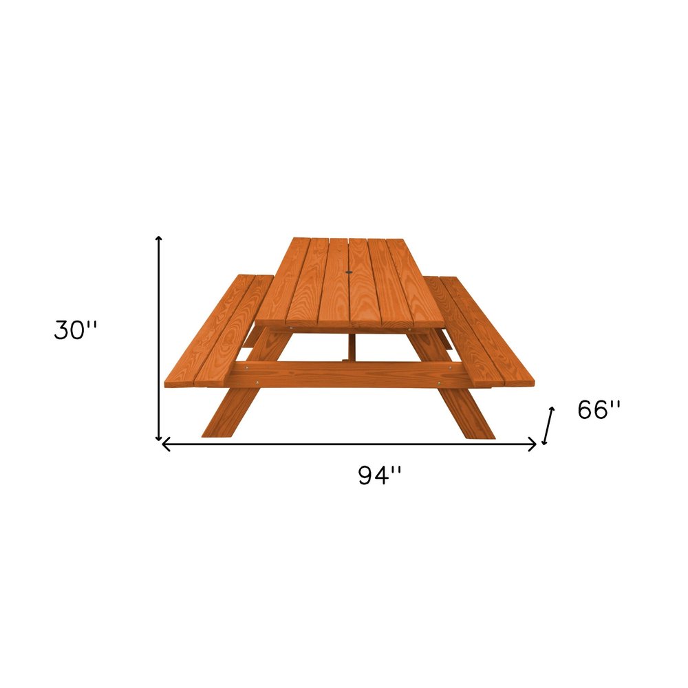 94" Brown Solid Wood Outdoor Picnic Table with Umbrella Hole