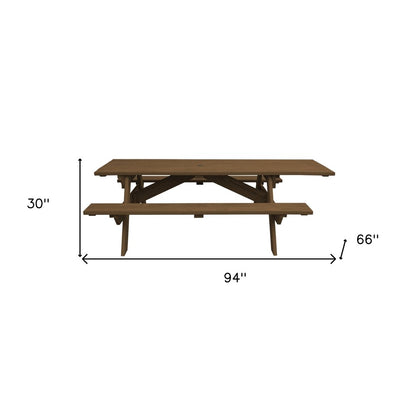 94" Brown Solid Wood Outdoor Picnic Table with Umbrella Hole